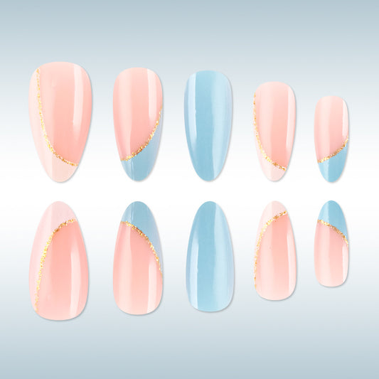 Sweet Serenity Medium Almond Pink and Blue Gradient with Gold Accents Nail Set