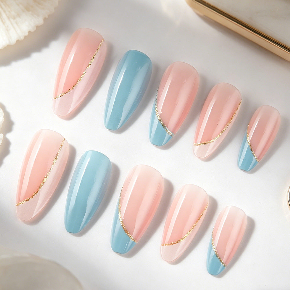 Ocean Breeze Medium Almond Pink and Blue Nail Set with Elegant Gold Stripes