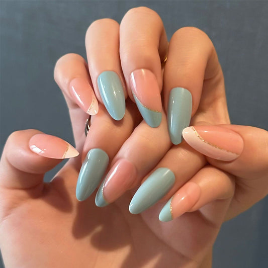 Ocean Breeze Long Almond Shaped Aqua and Blush Gradient Press On Nail Set with Dazzling Gold Accents