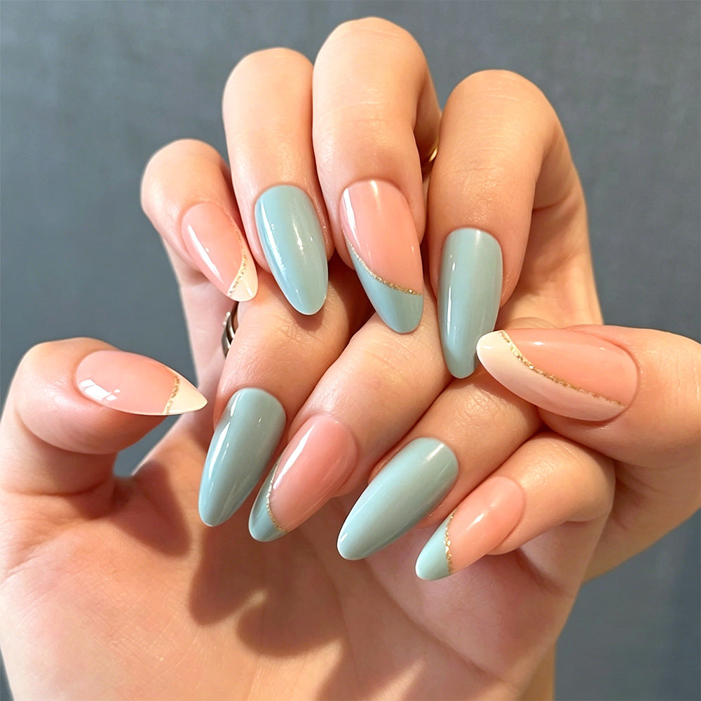 Chic Serenity Medium Almond Blue and Pink Press On Nail Set with Elegant Gold Accent