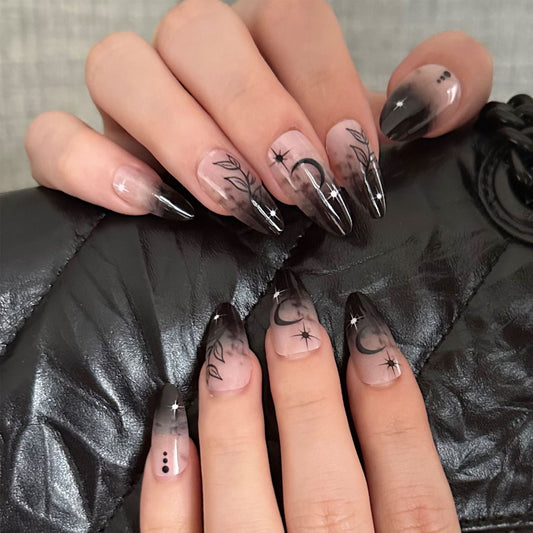 Celestial Dreams Long Almond Black Ombre Press On Nail Set with Moon and Star Designs
