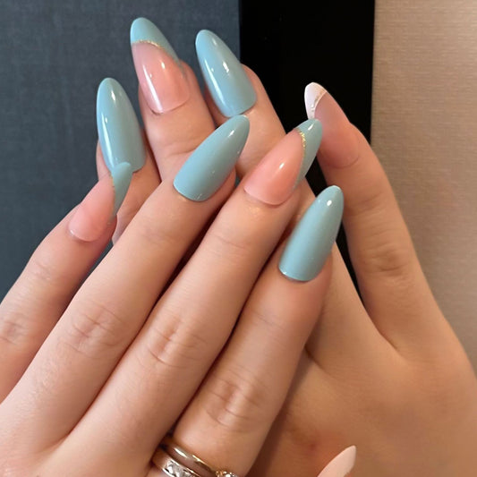 Ocean Breeze Long Almond Press On Nail Set in Blue and Pink with Unique Mixed Finish Design