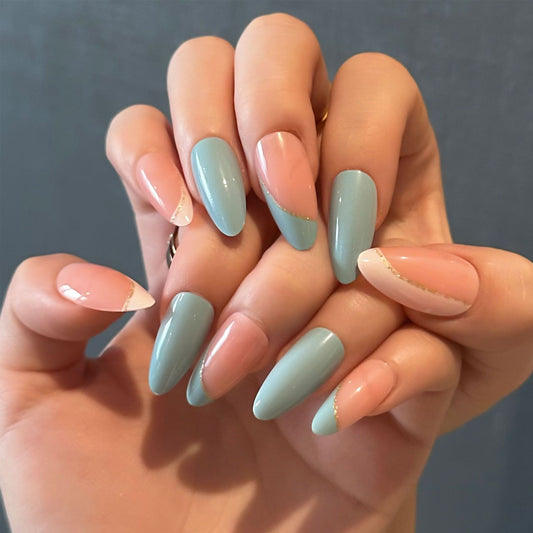 Ocean Breeze Glamour Long Almond Blue Pink Press On Nail Set with Sparkling Gold Accents