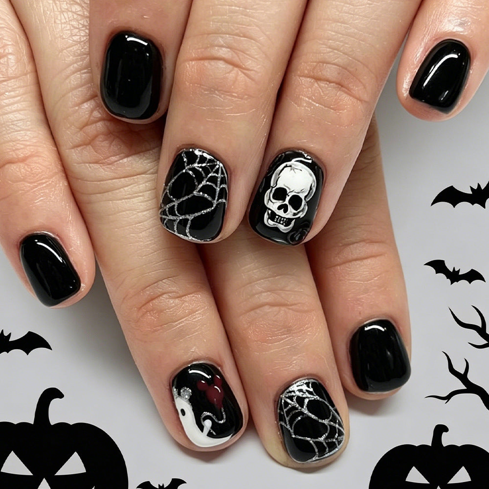 Spooky Elegant Short Square Black Nail Set with Skull and Ghost Design