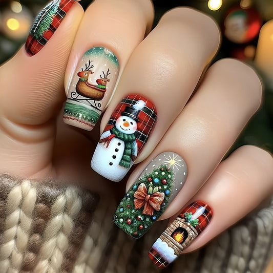 Winter Wonderland Colorful Long Square Press-On Nail Set Featuring Festive Holiday Designs