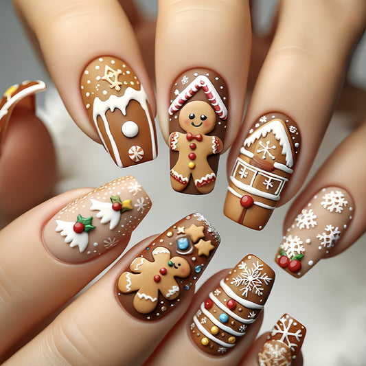 Gingerbread Wonderland Long Coffin Brown Festive Nail Set with Intricate Holiday Designs