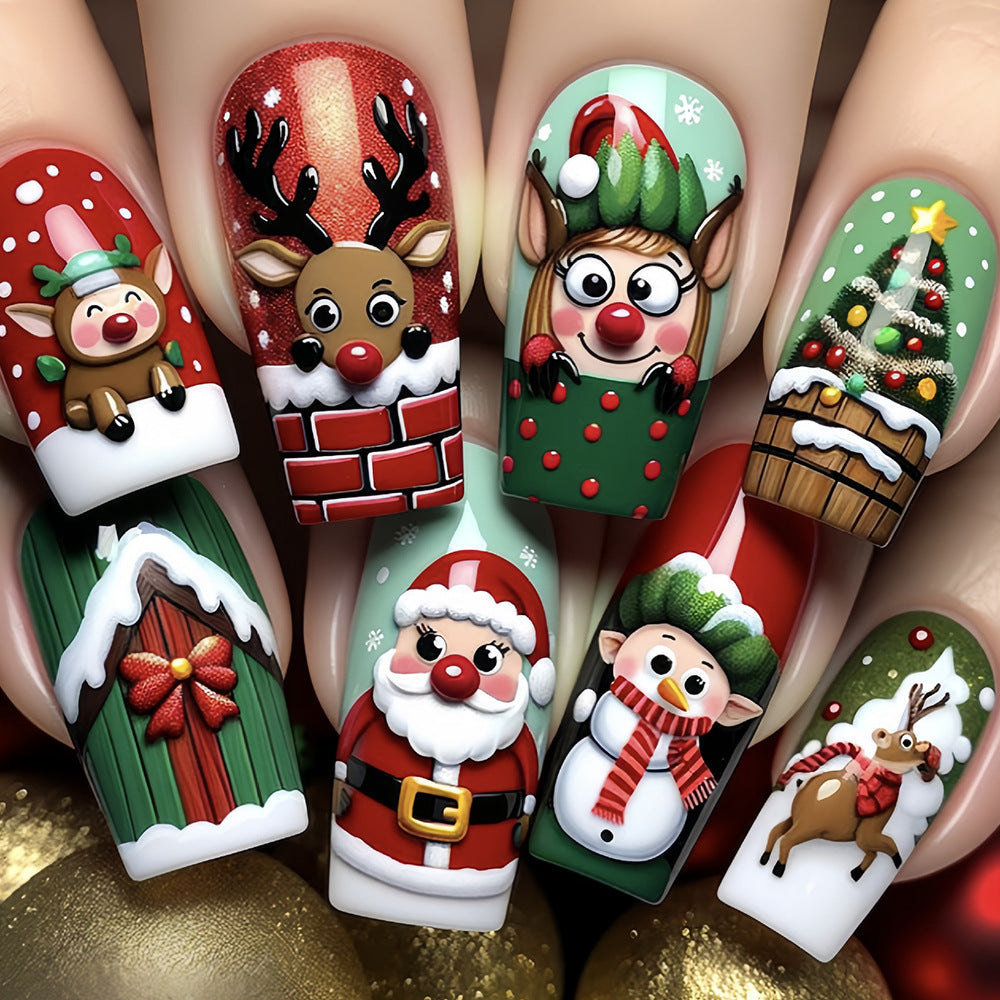 Festive Fantasy Long Coffin Green and Red Press on Nail Set with Whimsical Holiday Characters