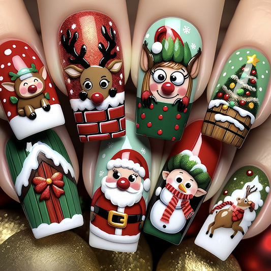 Festive Fantasy Long Coffin Green and Red Press on Nail Set with Whimsical Holiday Characters