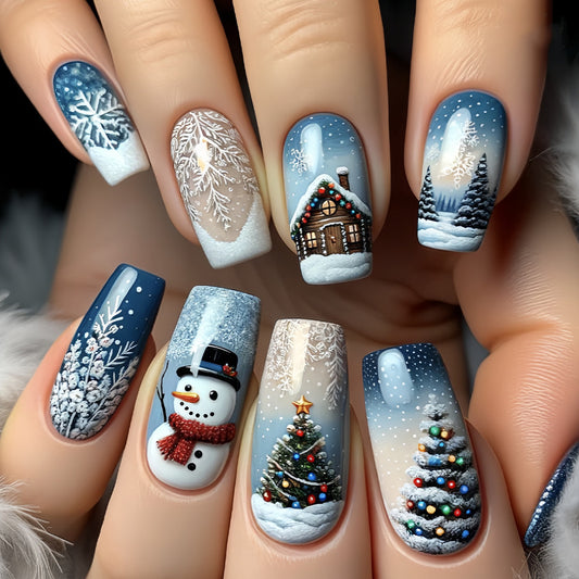 Winter Wonderland Medium Square Blue and White Magical Snowman Theme Press-On Nail Set