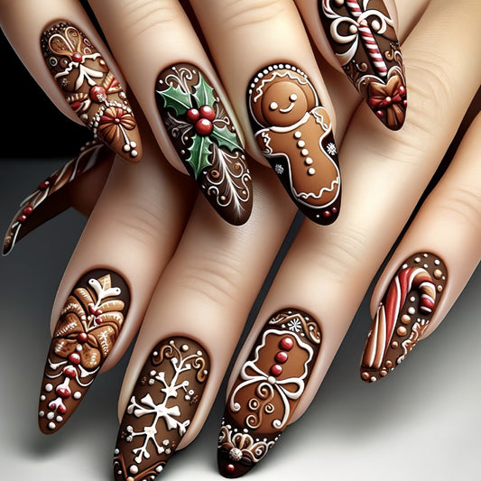 Gingerbread Wonderland Long Almond Brown Nail Set with Festive Holiday Designs