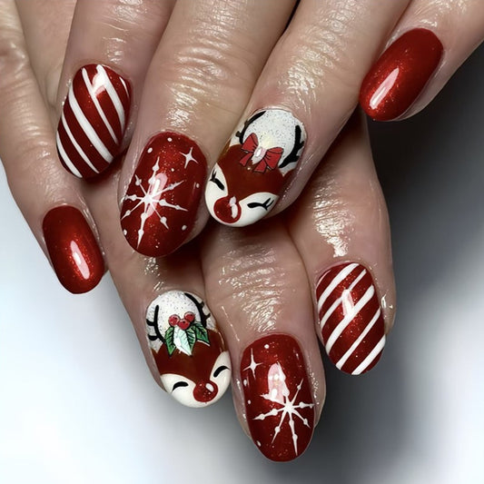 Festive Holiday Press On Nail Set Medium Oval Glossy Red with Adorable Reindeer and Snowflake Designs