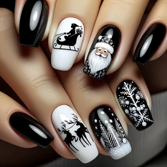 Festive Winter Wonderland Long Square Black and White Nail Set with Adventurous Holiday Designs