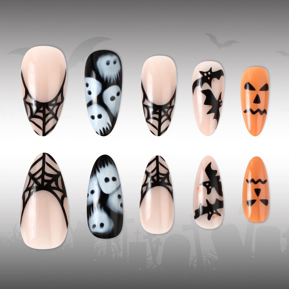Spooky Halloween Long Almond Orange and Black Ghost and Spider Nail Set