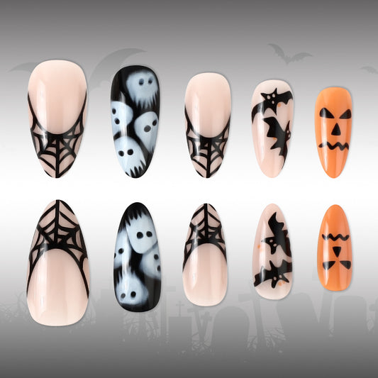 Spooky Halloween Long Almond Orange and Black Ghost and Spider Nail Set
