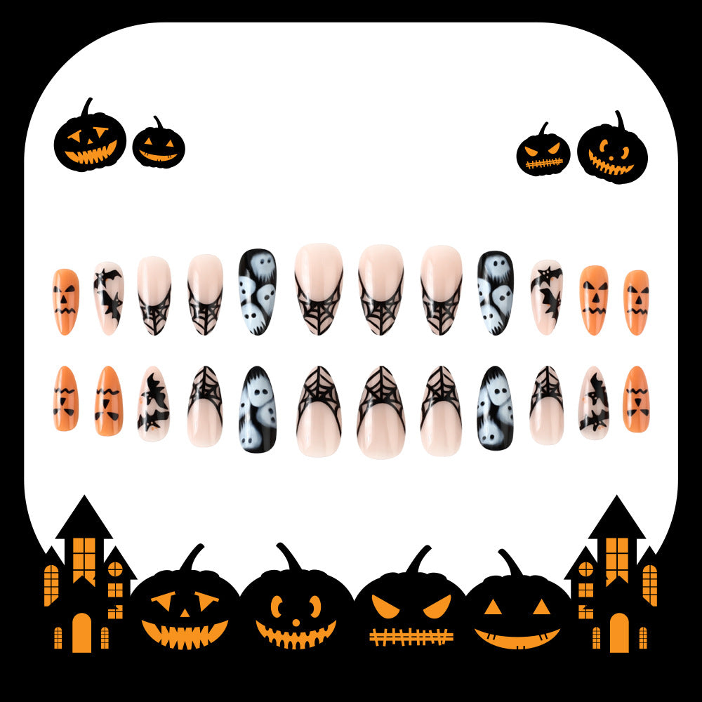 Spooky Halloween Medium Almond Orange and Black with Ghosts and Spiderweb Design Press On Nail Set