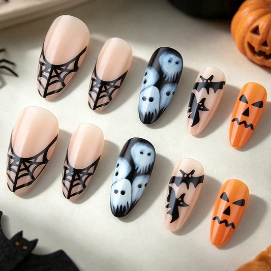 Spooky Halloween Medium Almond Orange and Black Bat Design Press On Nail Set