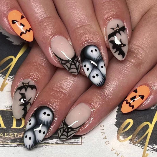 Spooky Vibes Medium Almond Black White Orange with Halloween Themed Designs Press On Nail Set