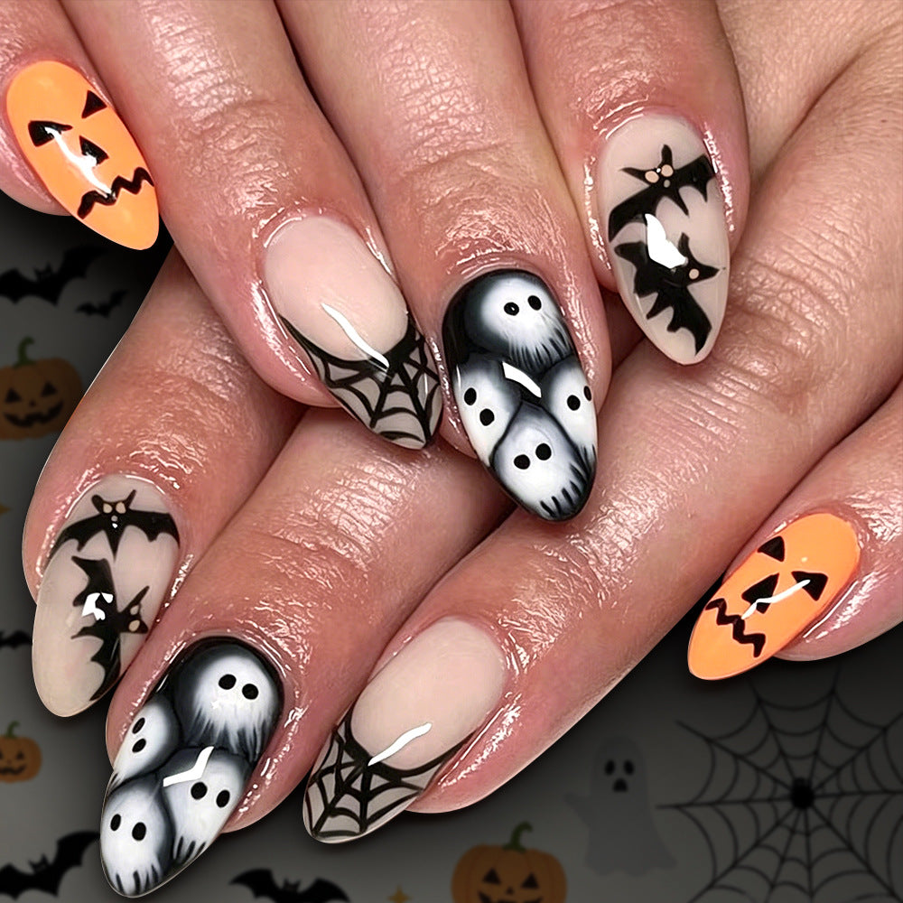 Spooky Halloween Medium Almond Black and Orange Ghost and Bat Nail Set