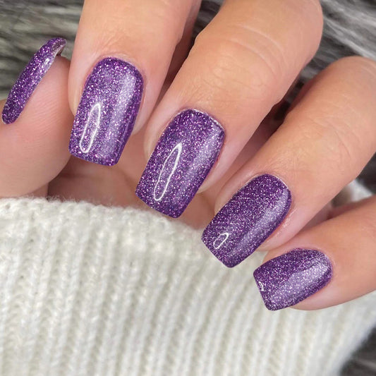Glamorous Twilight Lengthy Square Glittering Purple Press On Long Nail Set with Iridescent Shine