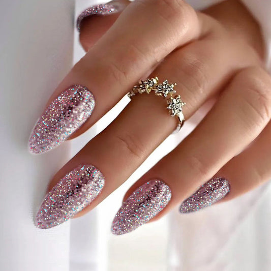 Glamorous Starry Night Extra Long Almond Shape Glittering Pink Press On Nail Set