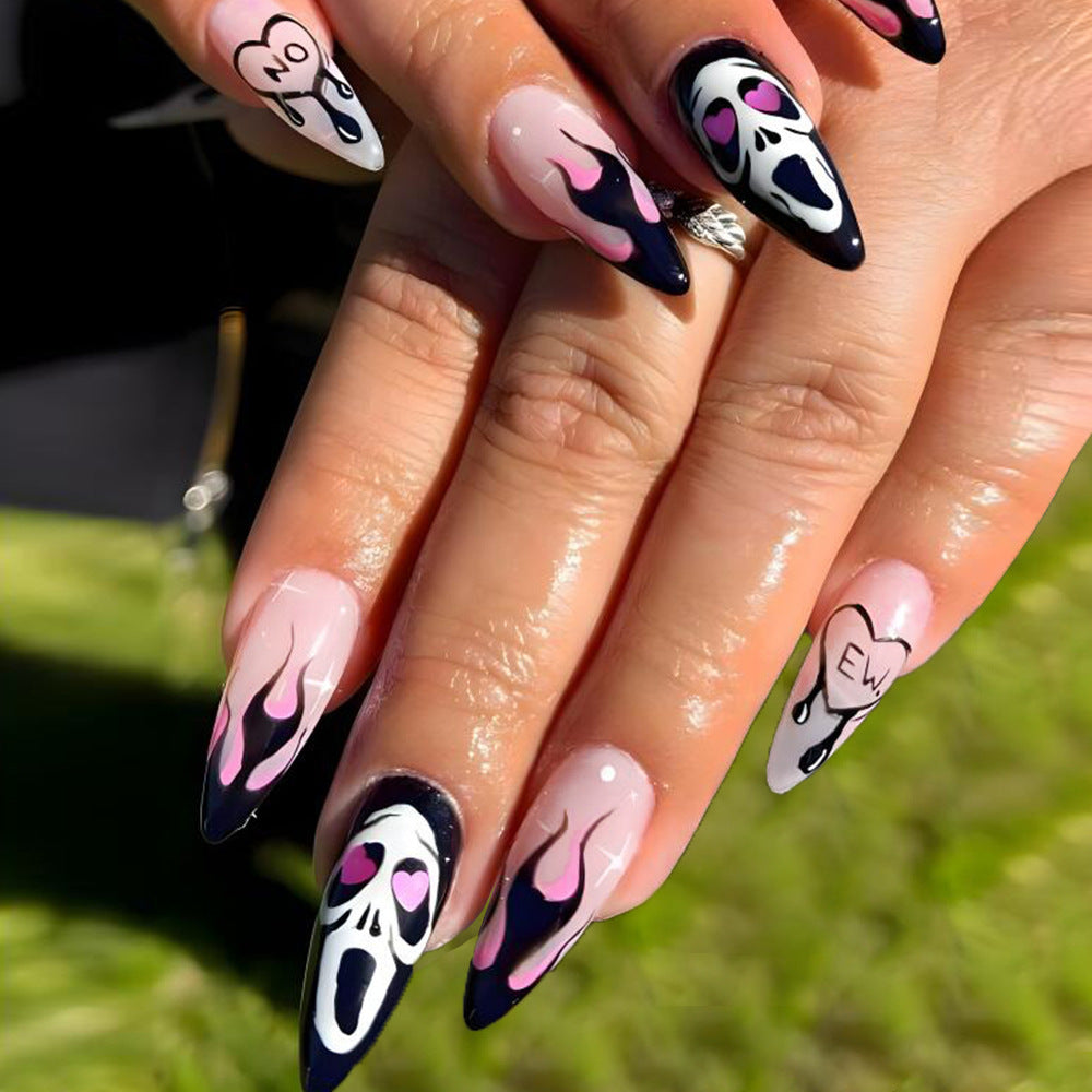 Spooky Glam Long Stiletto Pink and Black Gradient Flame Design Press-On Nail Set
