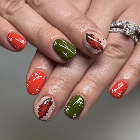Festive Strawberry Shortcake Oval Press On Nail Set Short Green Red and Beige with Charming Strawberry Design