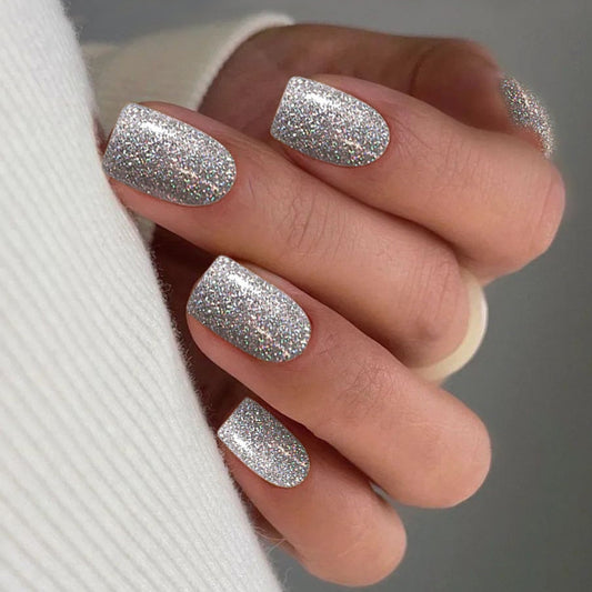 Glamorous Silver Sparkle Long Square Press On Nail Set with Dazzling Glitter Finish