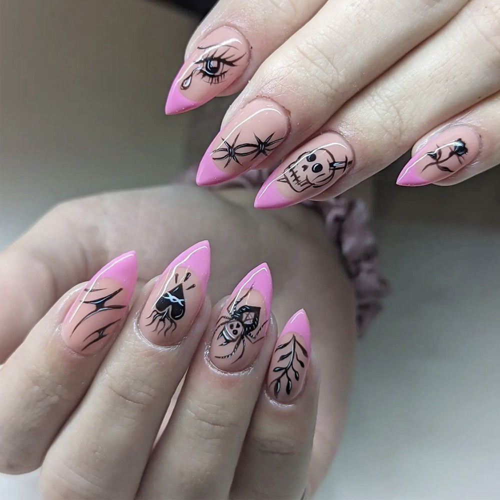 Spooky Chic Long Stiletto Press On Nail Set in Pink with Intricate Halloween Designs