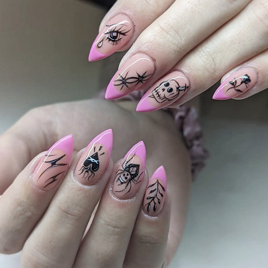 Spooky Chic Long Stiletto Press On Nail Set in Pink with Intricate Halloween Designs