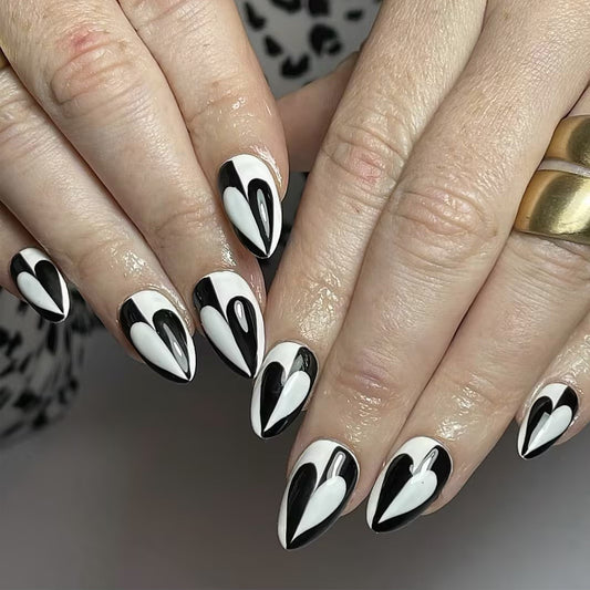 Gothic Elegance Long Almond Black and White Heart Design Press On Nail Set