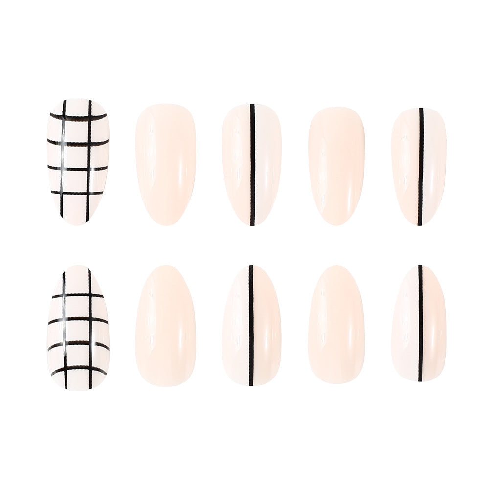 Artistic Grid Elegance Short Almond Soft Beige with Striking Black Accents Press On Nail Set