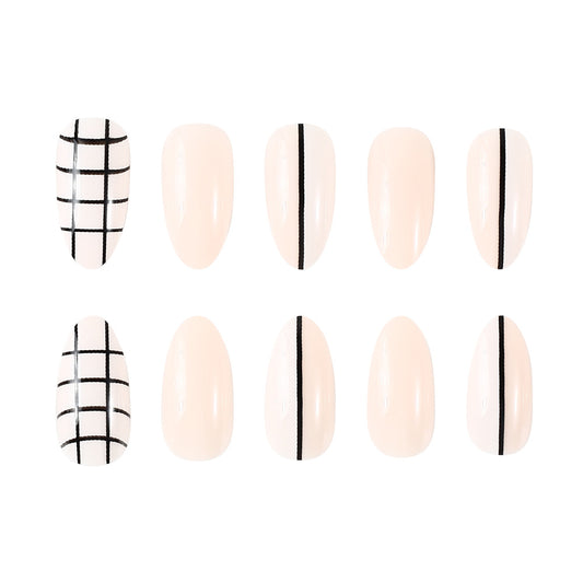 Artistic Grid Elegance Short Almond Soft Beige with Striking Black Accents Press On Nail Set