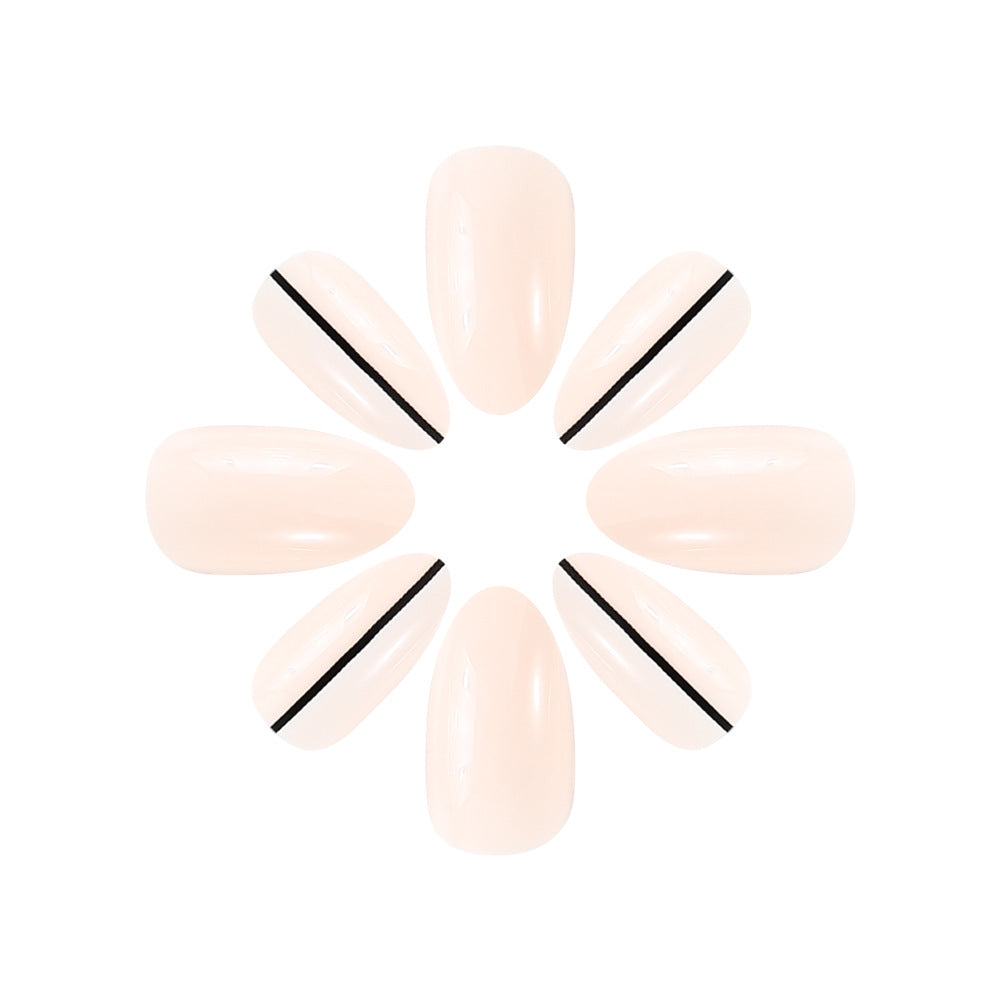 Savvy Chic Short Almond Beige Press on Nail Set with Elegant Black Stripe Accents