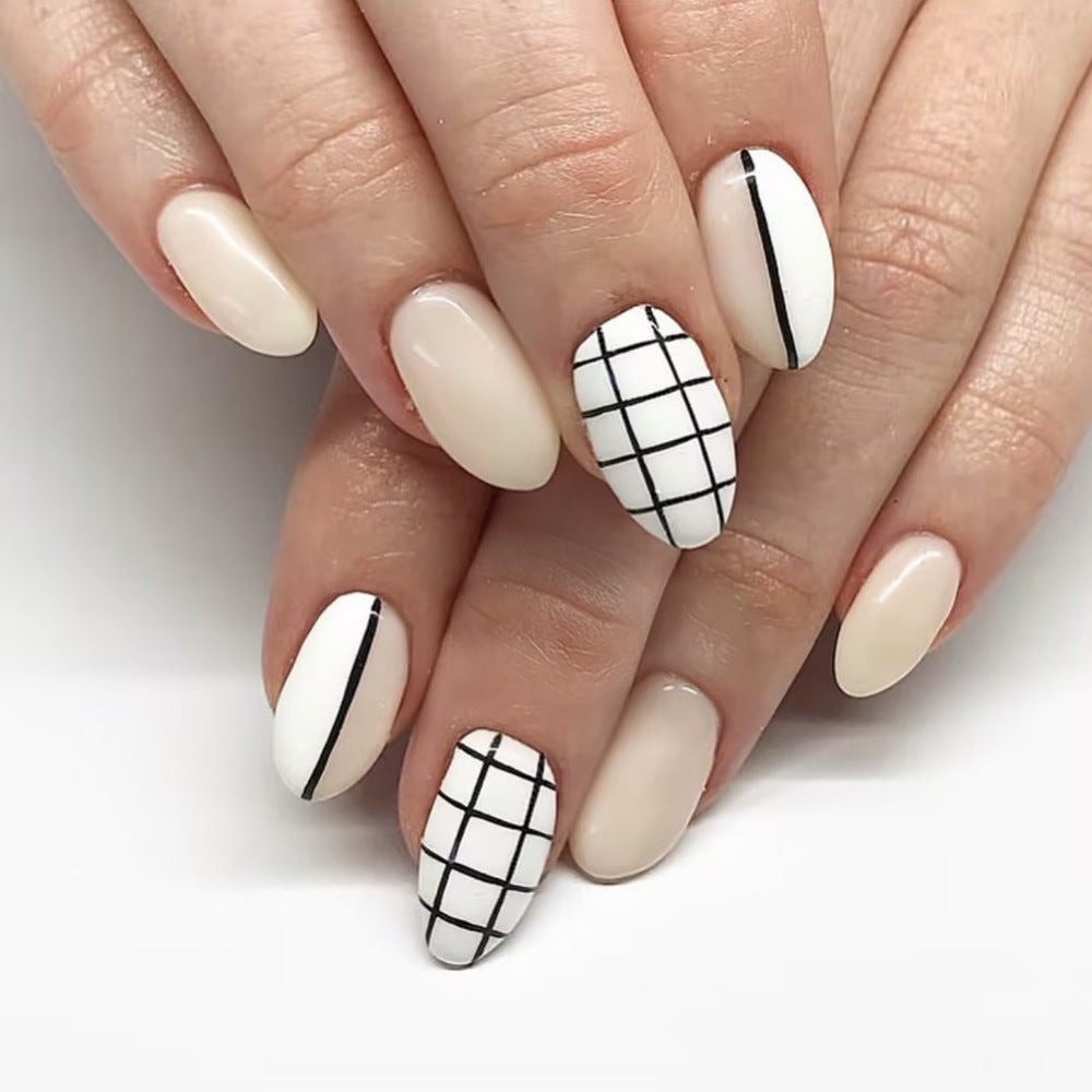 Chic Monochrome Elegant Almond Press On Nail Set Long Cream and White with Grid Design