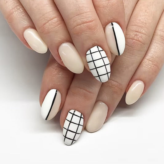 Chic Monochrome Elegant Almond Press On Nail Set Long Cream and White with Grid Design