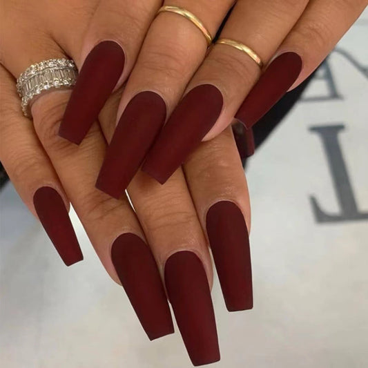 Elegant Autumn Whimsy Long Square Matte Burgundy Press On Nail Set