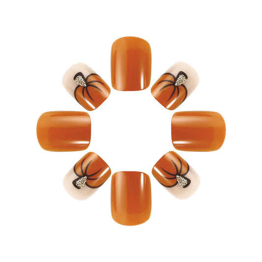 Autumn Vibe Glossy Short Square Orange Press On Nail Set with Sparkling Accents
