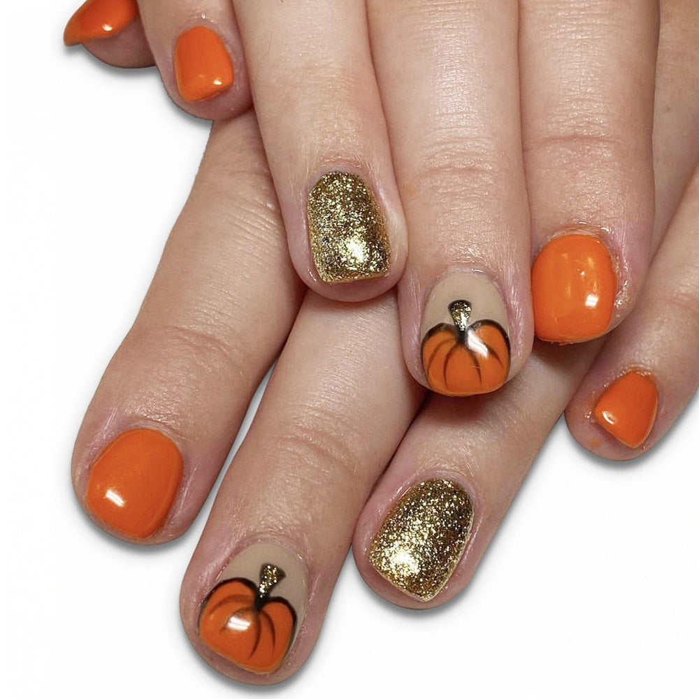Autumn Elegance Short Square Orange and Gold Press On Nail Set with Pumpkin Accent Design