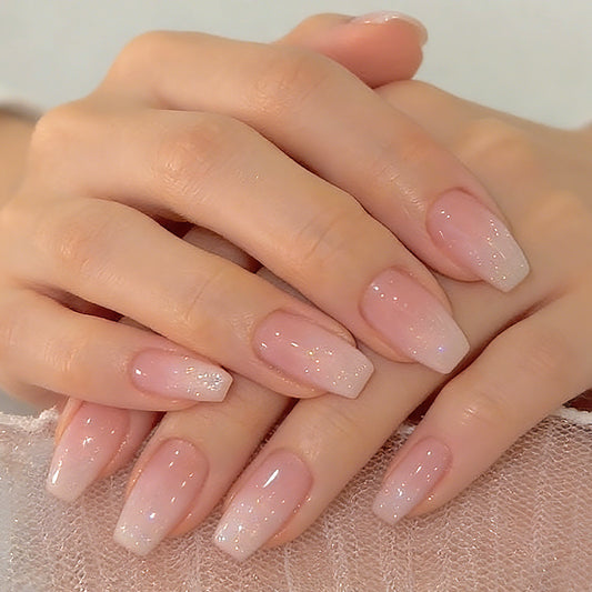 Glimmering Elegance Medium Square Ombre Pink Press On Nail Set with Sparkling Tip