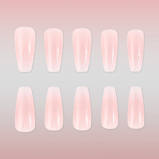 Gorgeous Blossom Inspired Press On Nail Set Long Coffin Shape Soft Pink with Iridescent Sparkle