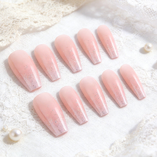 Blossom Elegance Long Coffin Pink Ombre Glitter Press On Nail Set