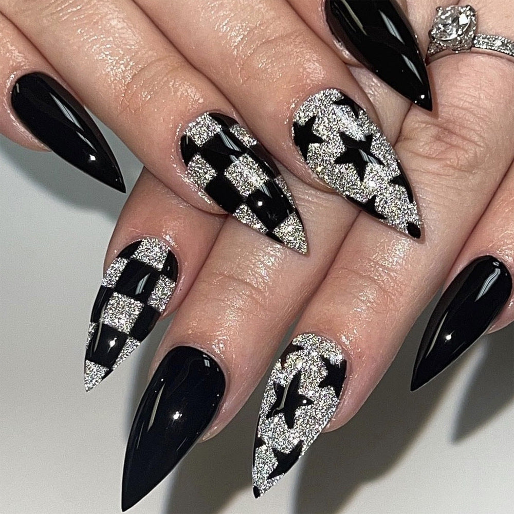 Gothic Glamour Long Stiletto Black and Silver Checkered Press On Nail Set with Glittering Star Accents