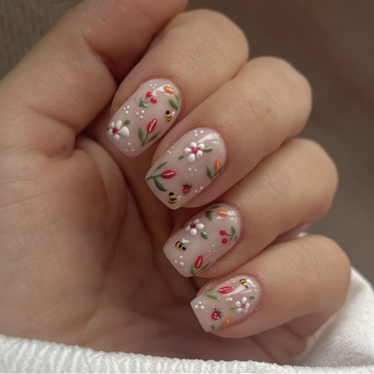 Garden Bliss Medium Square Beige Press On Nail Set with Floral Design and Bee Accents