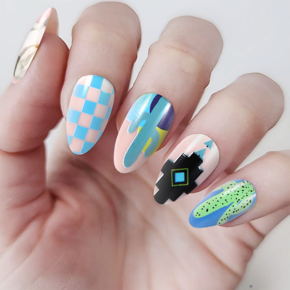 Boho Chic Long Almond Multicolor Press On Nail Set with Unique Desert-Inspired Designs