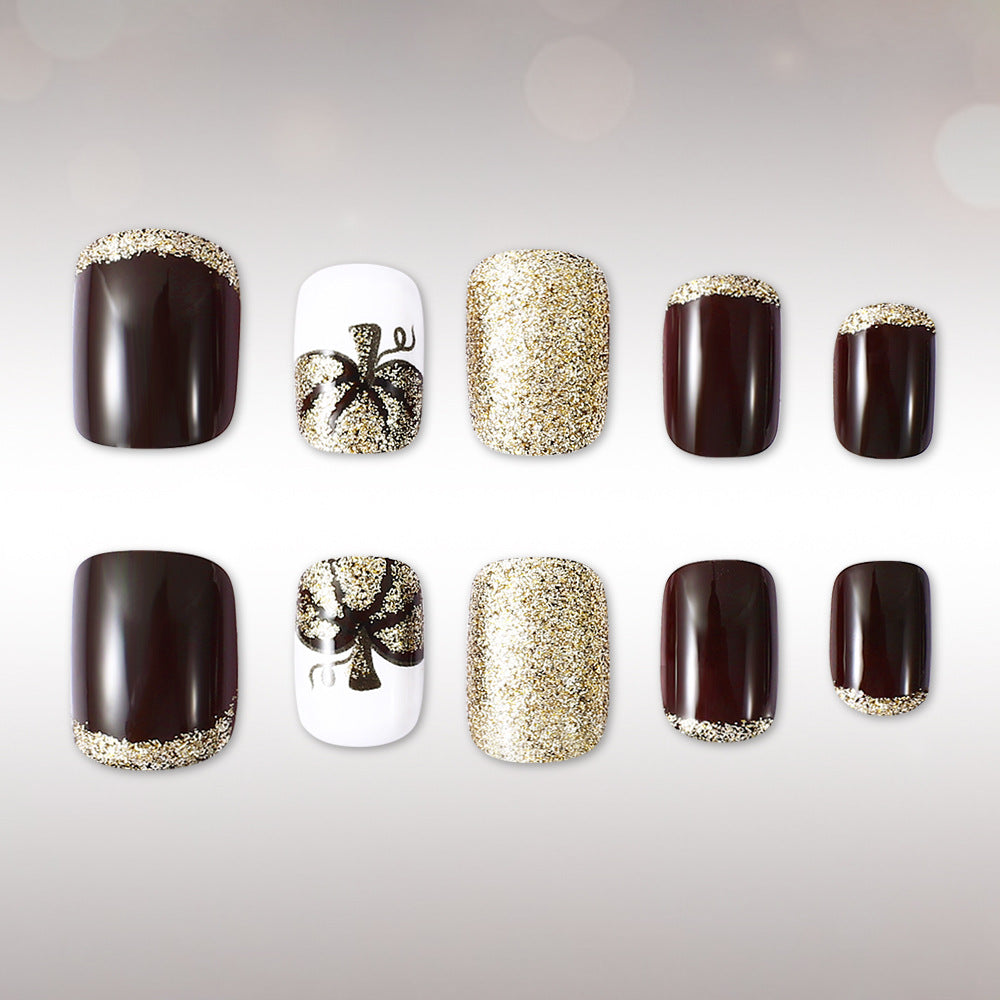 Glamorous Elegance Short Square Dark Brown with Gold Glitter Design Press on Nail Set