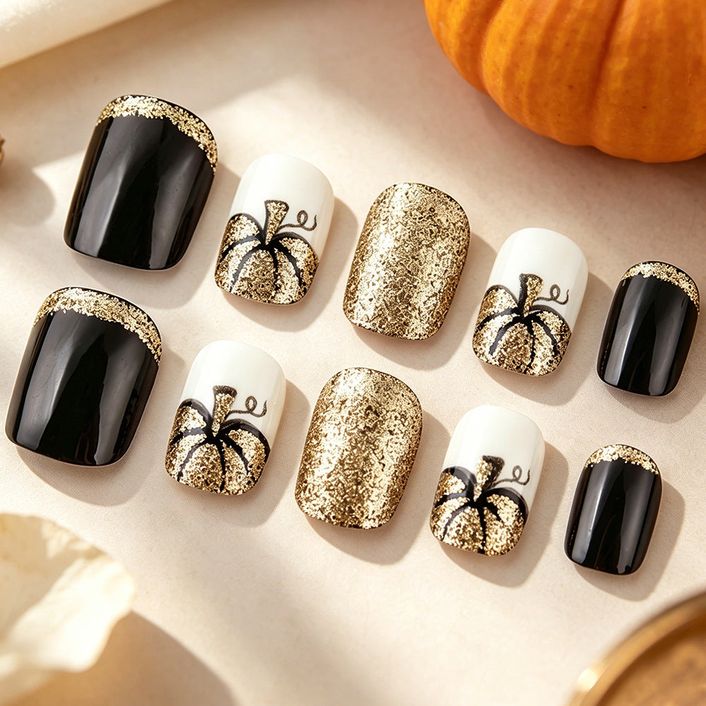 Glamorous Halloween Short Square Black and Gold Glitter Press-On Nail Set