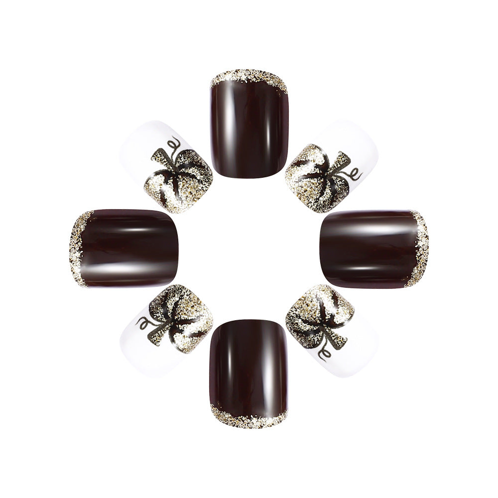 Glamorous Midnight Elegance Short Square Dark Brown and White Press-On Nail Set with Glittery Bow Accent