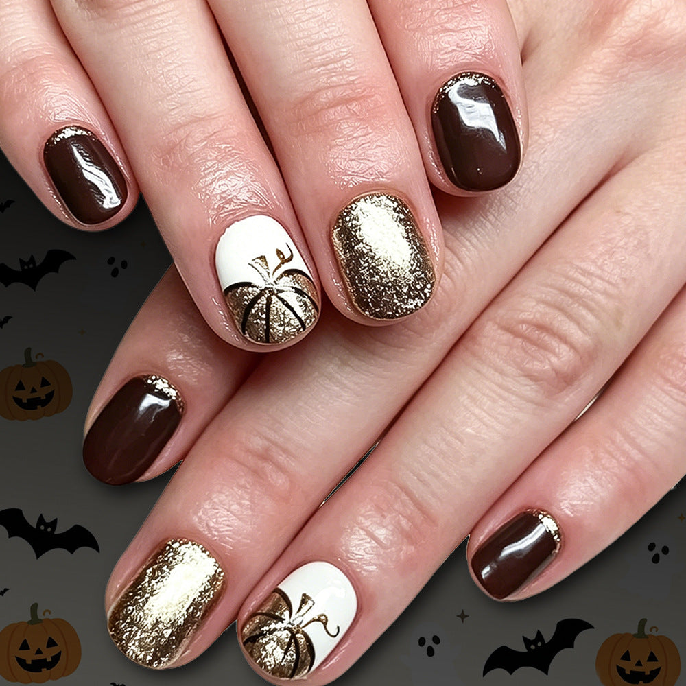 Autumn Glam Short Square Brown and Gold Glitter Elegance Press On Nail Set