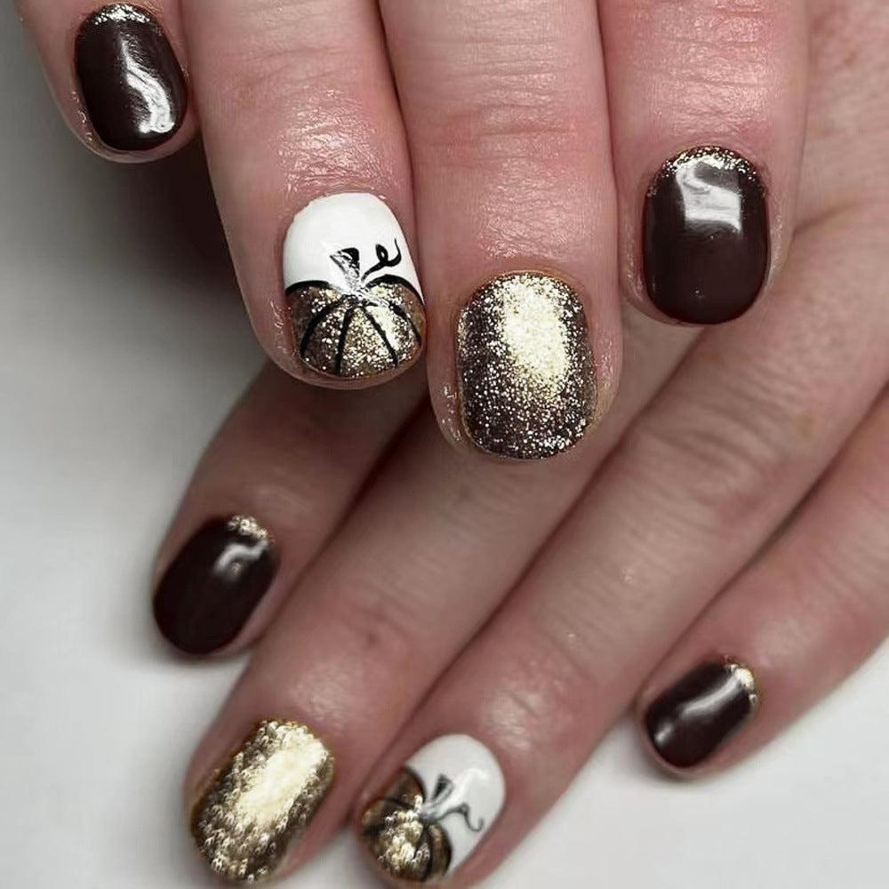 Autumn Harvest Lengthy Short Square Brown and Gold Glittery Press-On Nail Set with Pumpkin Design
