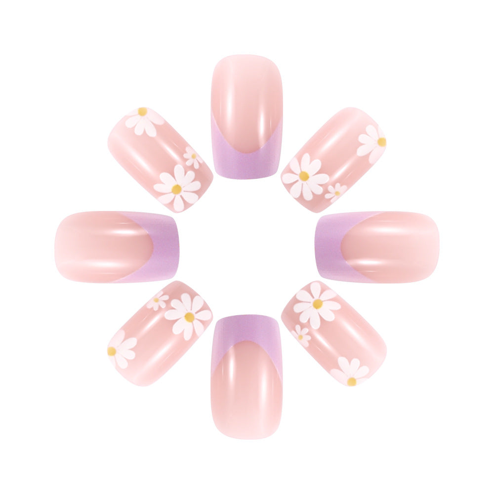 Whimsical Floral Elegance Medium Square Blush Pink and Lavender with Charming Daisy Accents Press-On Nail Set